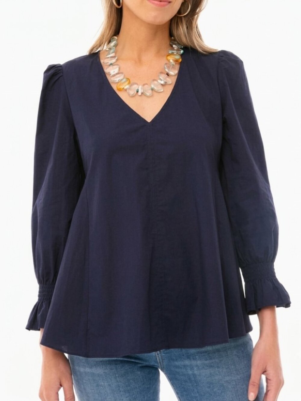 Tuckernuck Pomander Place Navy Easton Blouse V-Neck Cotton Flowy Smocked Size XS